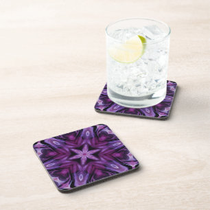 Purple Glitter Heart & Flower Kaleidoscope Pattern Coaster