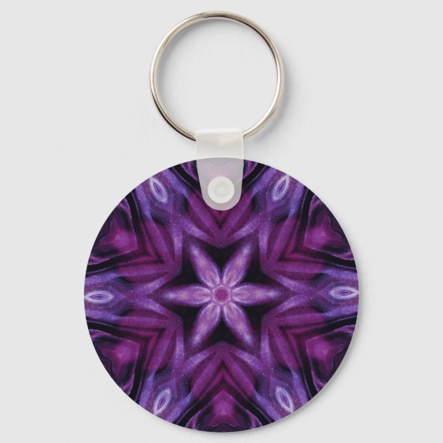 Purple Glitter Heart & Flower Kaleidoscope Pattern Key Ring (Front)
