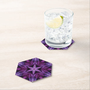 Purple Glitter Heart & Flower Kaleidoscope Pattern Paper Coaster