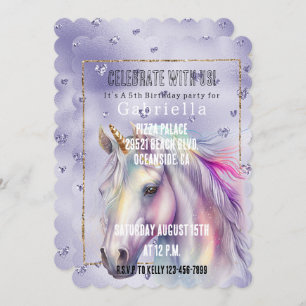 Purple Glitter Hearts Unicorn Invitation