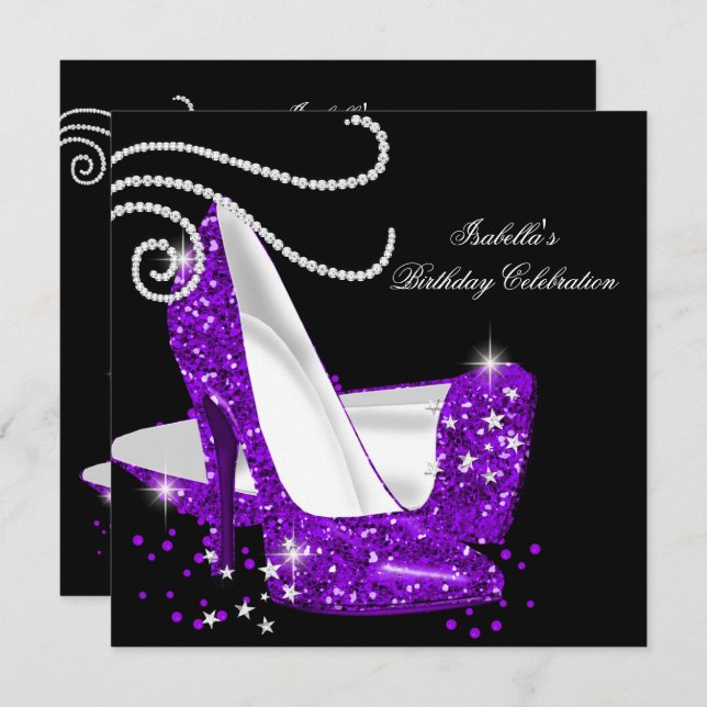 Purple Glitter High Heels Black Birthday Party Invitation (Front/Back)