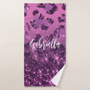 Purple Glitter Leopard Print Bath Towel Set