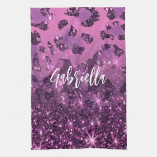 Purple Glitter Leopard Print Tea Towel