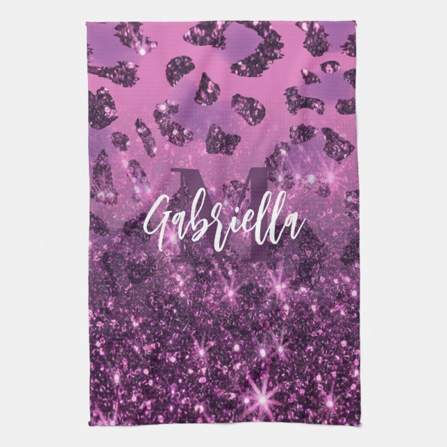 Purple Glitter Leopard Print Tea Towel (Vertical)