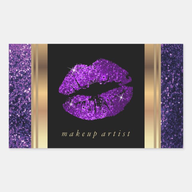 Purple Glitter Lips and Elegant Gold Accents Rectangular Sticker (Front)