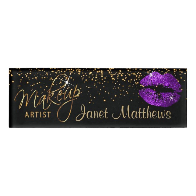 Purple Glitter Lips and Elegant Gold Name Tag (Front)
