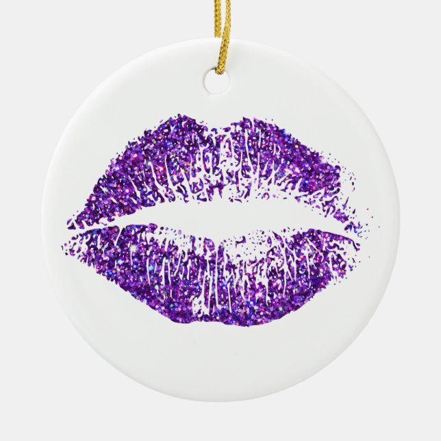 Purple Glitter Lips Ceramic Ornament (Front)