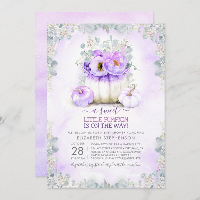 Purple Glitter Little Floral Pumpkin Baby Shower Invitation (Front/Back)