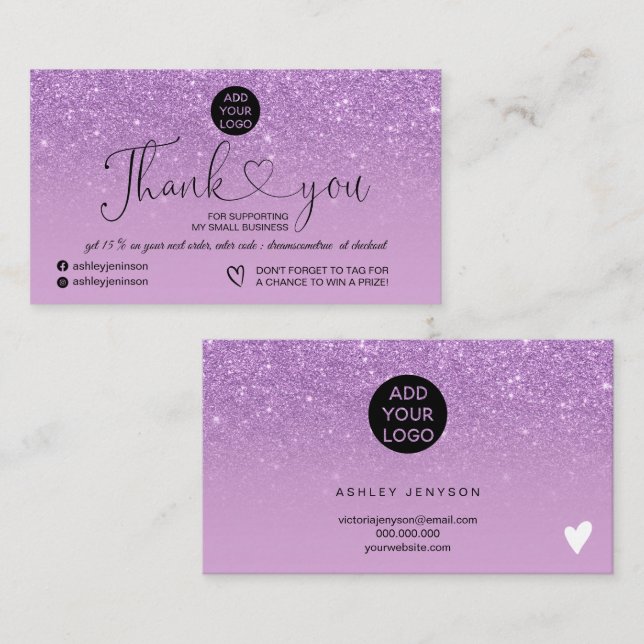 Purple glitter logo sparkles order thank you business card (Front/Back)