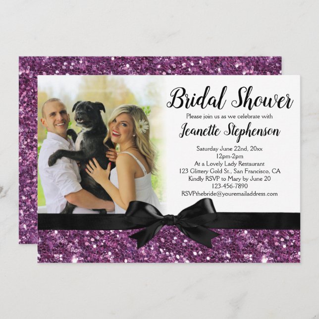 Purple Glitter-look Ribbon Bow Photo Bridal Shower Invitation (Front/Back)