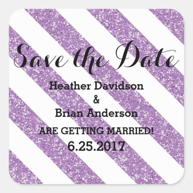 Purple Glitter Look Stripes Save the Date Stickers (Front)