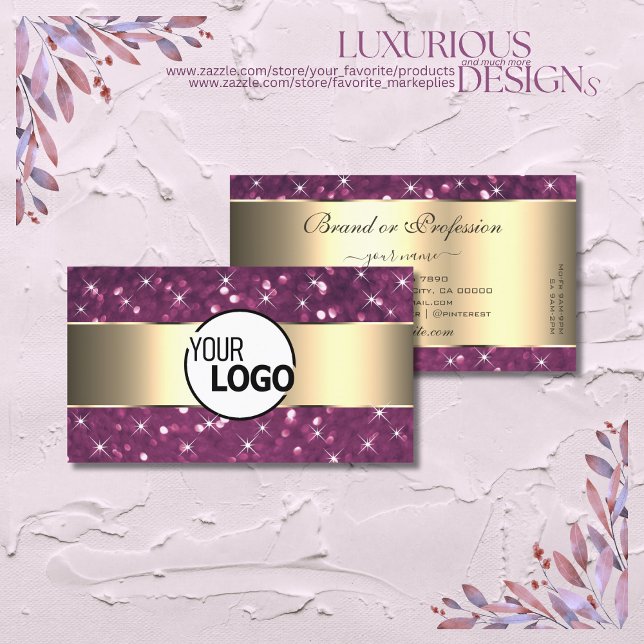 Purple Glitter Luminous Stars Gold Border and Logo Business Card (Creator Uploaded)