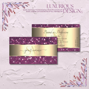 Purple Glitter Luminous Stars Gold Border Initials Business Card