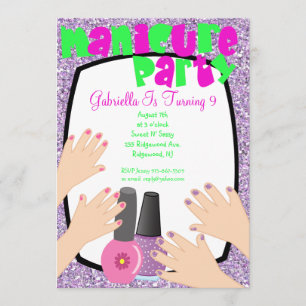 Purple Glitter Manicure Spa Birthday Party Invitation