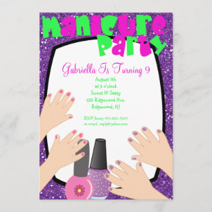 Purple Glitter Manicure Spa Birthday Party Invitation