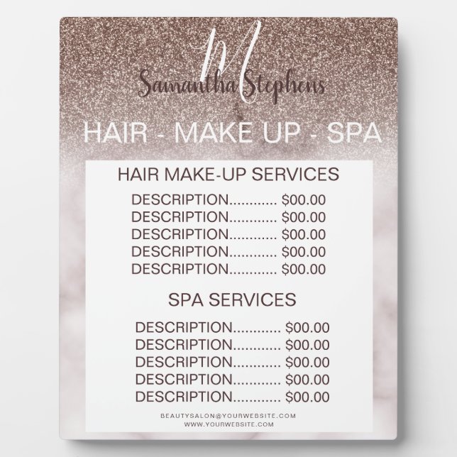 Purple Glitter Marbled Hair SPA Salon Price Menu Plaque (Front)
