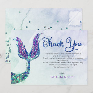 Purple Glitter Mermaid Tail Baby Shower Thank You Card