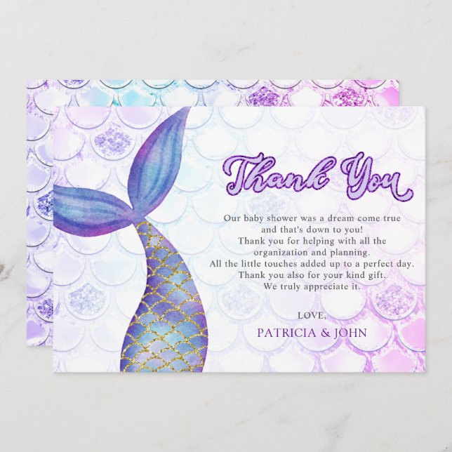 Purple Glitter Mermaid Tail Baby Shower Thank You Card (Front/Back)