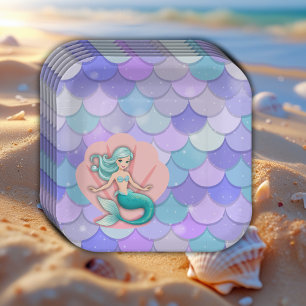 Purple Glitter Mermaid Under the Sea Baby Shower Paper Plate