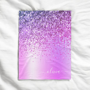 Purple Glitter Metal Monogram Name Fleece Blanket