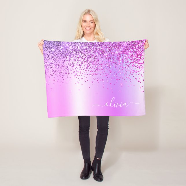Purple Glitter Metal Monogram Name Fleece Blanket (In Situ)