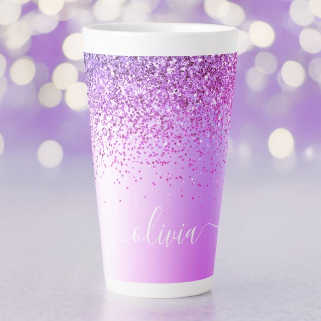Purple Glitter Metal Monogram Name Latte Mug (Creator Uploaded)