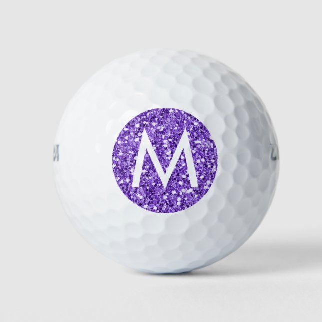 Purple Glitter Modern Simple Monogram Initial Golf Balls (Front)
