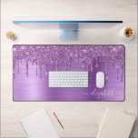 Purple Glitter Monogram Desk Mat<br><div class="desc">Chic monogram desk mat with purple faux glitter drips on a purple faux brushed metallic background. Personalise with your name in an elegant white script with swashes.</div>