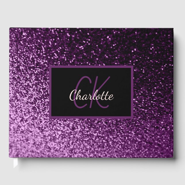 Purple glitter monogram Graduation party Guest Book (Front)