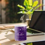 Purple glitter monogram initials name script coffee mug<br><div class="desc">A girly and trendy monogrammed mug. A chic deep purple background decorated with faux glitter drops,  dust. Personalise and add your first name,  monogram initials and full name. Purple and white coloured letters.</div>