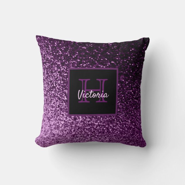 Purple glitter monogram name cushion (Front)