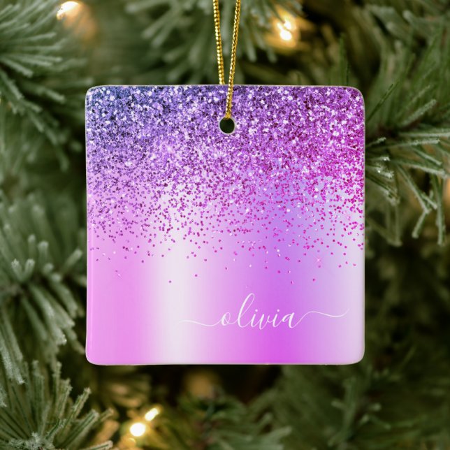 Purple Glitter Monogram Name Luxury Girly Ceramic Ornament (Tree)