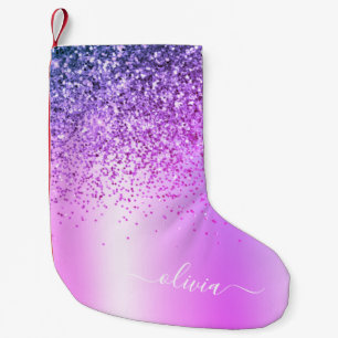 Purple Glitter Monogram Name Luxury Girly Small Christmas Stocking