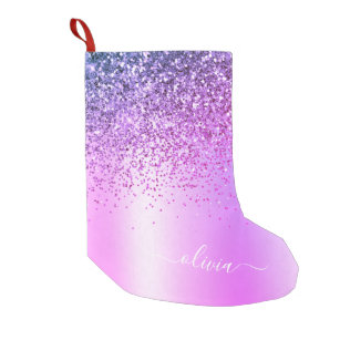 Purple Glitter Monogram Name Luxury Girly Small Christmas Stocking