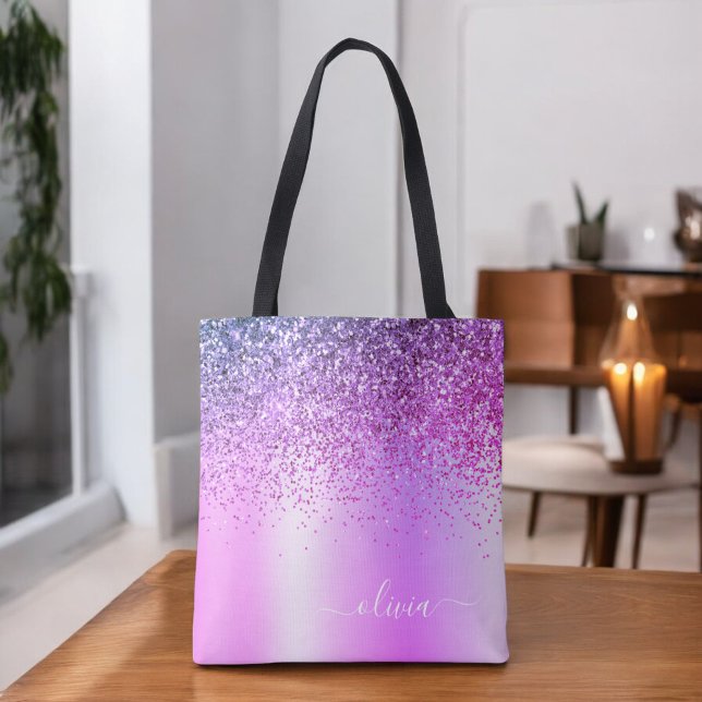 Purple Glitter Monogram Name Luxury Girly Tote Bag (Creator Uploaded)