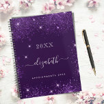 Purple glitter name script 2025 planner<br><div class="desc">Deep purple background, white text. Decorated with faux glitter dust. Personalize and add a year, your first name and a title. The name is written with a modern hand lettered style script with swashes. To keep the swashes only delete the sample name, leave the spaces or emoji's in front and...</div>