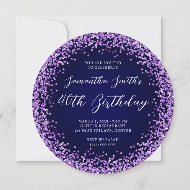 Purple Glitter Navy Ombre 40th Birthday Invitation (Front)