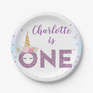 Purple Glitter One Unicorn 1st Birthday  Paper Plate