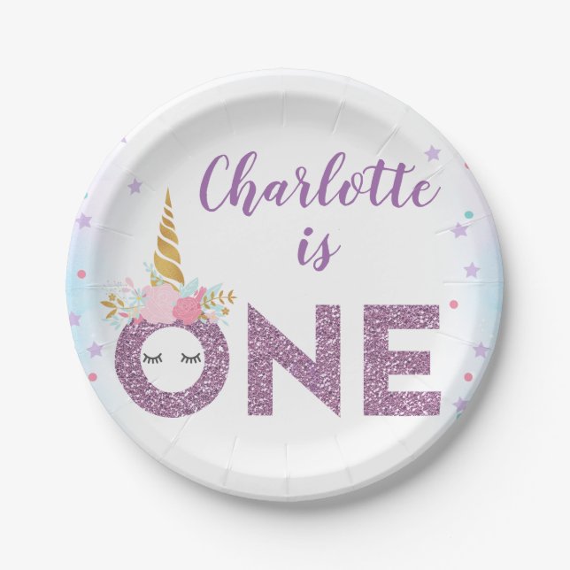 Purple Glitter One Unicorn 1st Birthday  Paper Plate (Front)
