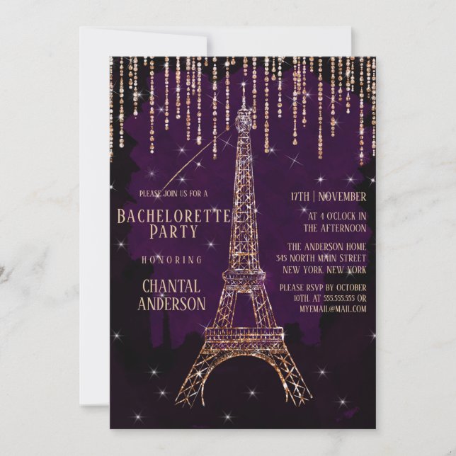 Purple Glitter Paris Eiffel Tower Bachelorette Invitation (Front)