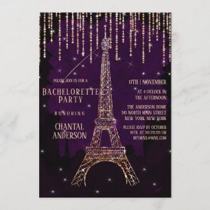 Purple Glitter Paris Eiffel Tower Bachelorette Invitation