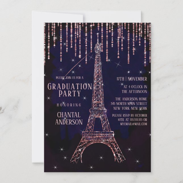 Purple Glitter Paris Eiffel Tower Graduation Party Invitation (Front)