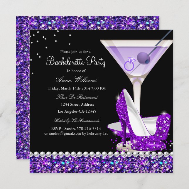 Purple Glitter Pearl Bachelorette Party Invite (Front/Back)