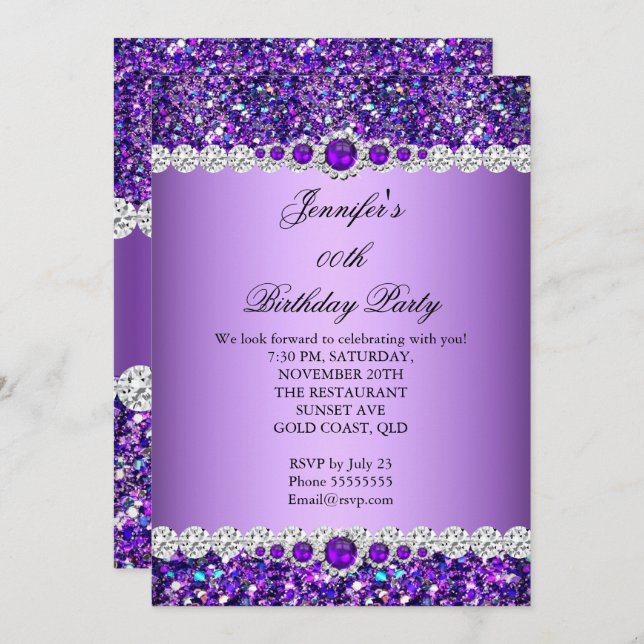 Purple Glitter Pearl Diamond Birthday Party Invitation (Front/Back)