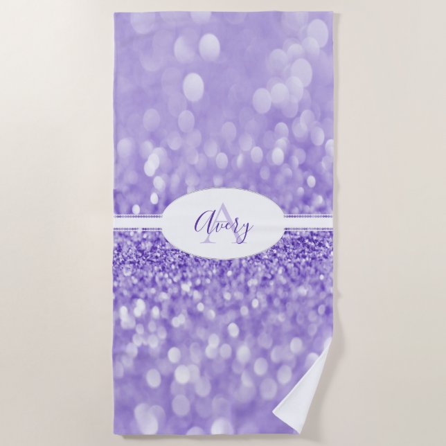 Purple Glitter Personalise Beach Towel (Front)