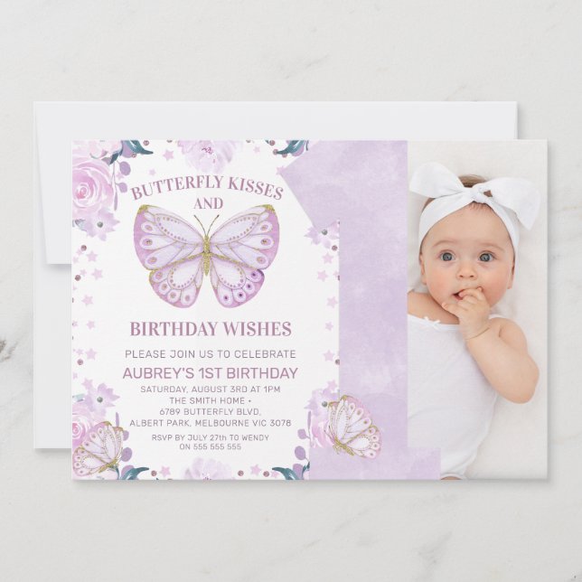Purple Glitter Photo Butterfly Kisses 1st Birthday Invitation (Front)
