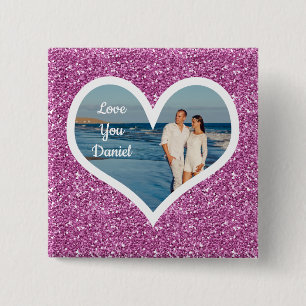Purple Glitter Photo Heart 15 Cm Square Badge