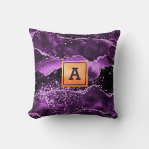 Purple glitter pink agate marble gold monogram cushion
