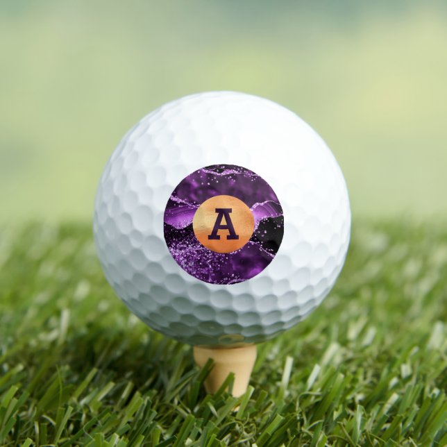 Purple glitter pink agate marble gold monogram golf balls (Insitu Tee)