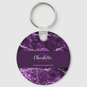 Purple glitter pink agate marble monogram name key ring